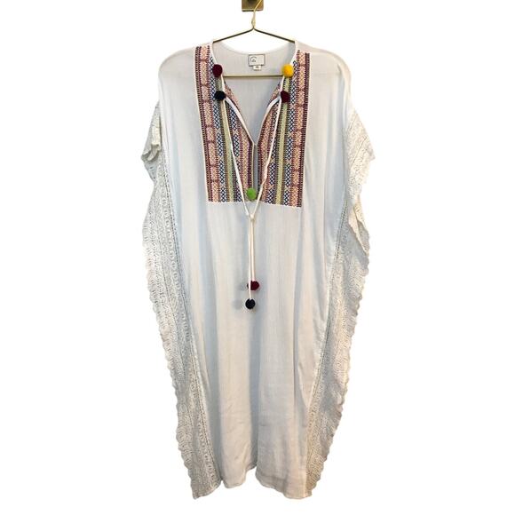 Postmark Anthropologie Bilson Embroidered Caftan XS White Pom Pom - Picture 1 of 11
